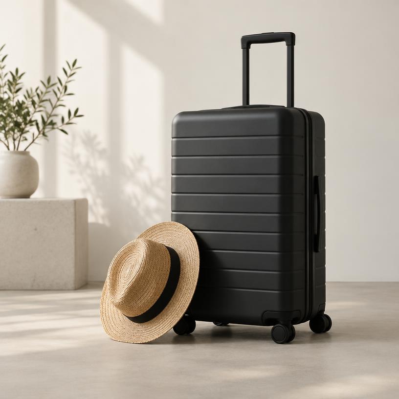 Mala de viagem preta com chapéu de palha apoiado
