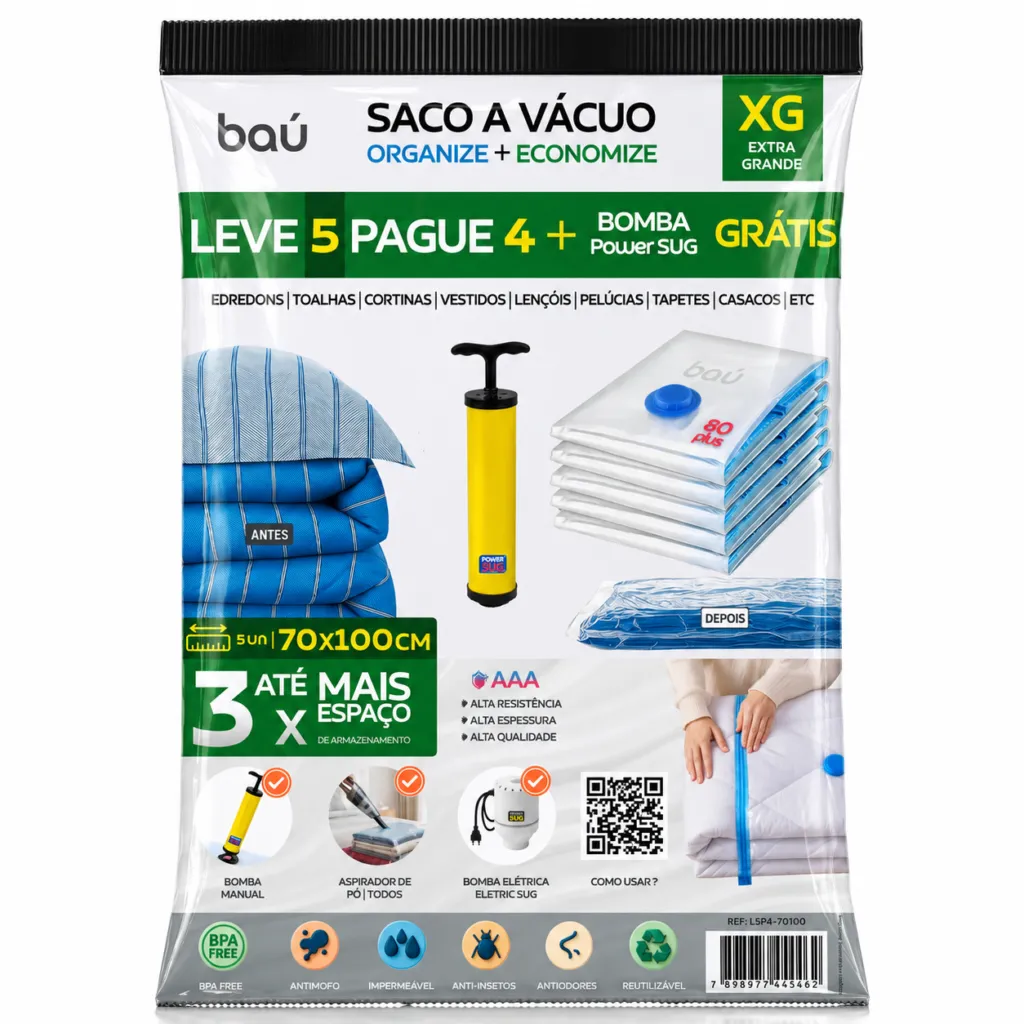 kit 5 saco a vácuo extra grande 70x100 cm